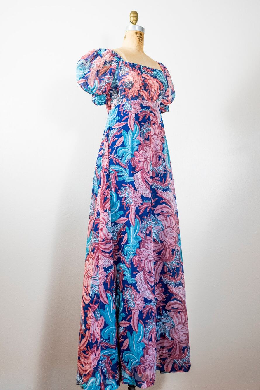 Vintage 70s Puff Sleeve Floral Maxi Dress Pink Blush Blue, Sheer Muslin Gauze XS